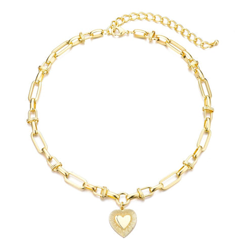 14k Yellow Gold Plated Chunky Mixed Link Chain Fluted Heart Necklace
