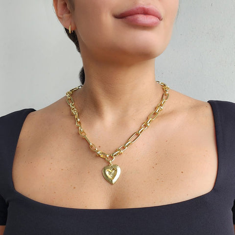 14k Yellow Gold Plated Chunky Mixed Link Chain Fluted Heart Necklace