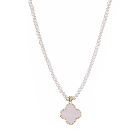 14k Gold Plated Pearl Strand Clover Pendant Necklace
