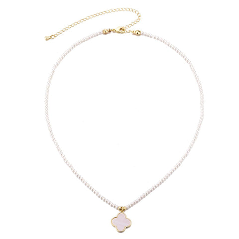 14k Gold Plated Pearl Strand Clover Pendant Necklace