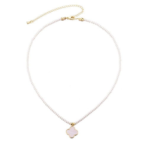 14k Gold Plated Pearl Strand Clover Pendant Necklace