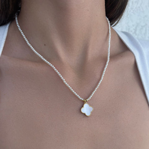 14k Gold Plated Pearl Strand Clover Pendant Necklace