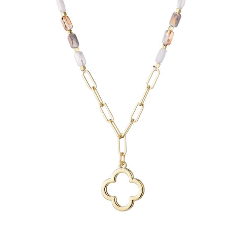 Mixed Bead and Chain Clover Outline Pendant Necklace