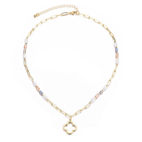 Mixed Bead and Chain Clover Outline Pendant Necklace