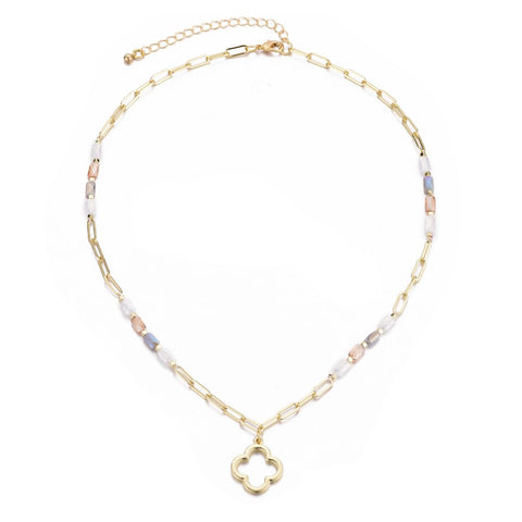 Mixed Bead and Chain Clover Outline Pendant Necklace