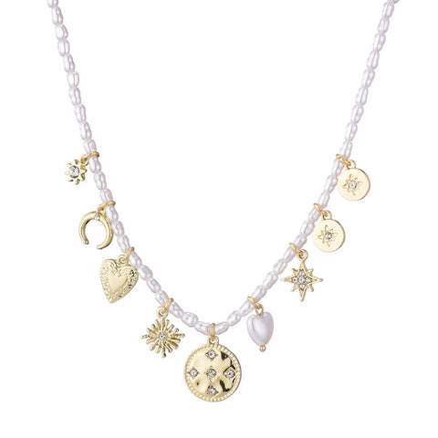 14k Gold Plated Vintage Charm Pearl Strand Necklace