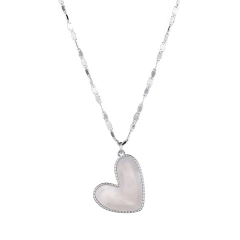 Silver Plated Mother of Pearl Beaded Edge Heart Necklace