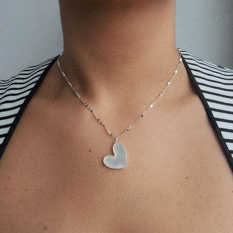 Silver Plated Mother of Pearl Beaded Edge Heart Necklace