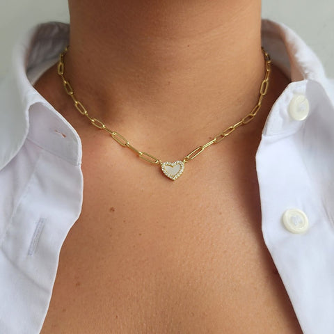 14k Gold Plated Mother of Pearl Mini Heart Chain Necklace