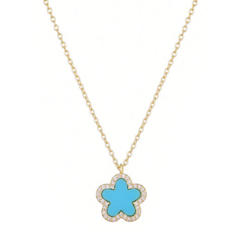 14k Gold Plated Turquoise CZ Halo 5-Leaf Clover Necklace