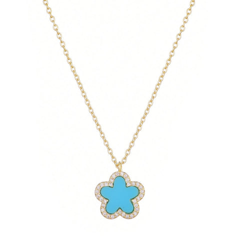 14k Gold Plated Turquoise CZ Halo 5-Leaf Clover Necklace