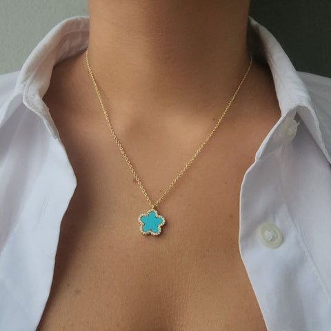 14k Gold Plated Turquoise CZ Halo 5-Leaf Clover Necklace