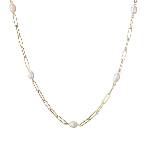 14k Gold Plated Freshwater Pearl Station Paper Clip Chain Necklace