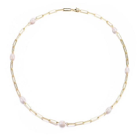 14k Gold Plated Freshwater Pearl Station Paper Clip Chain Necklace