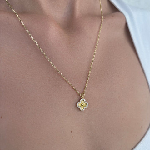 Button Clover CZ Halo Necklace