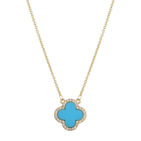 14k Gold Plated Turquoise CZ Halo Clover Necklace