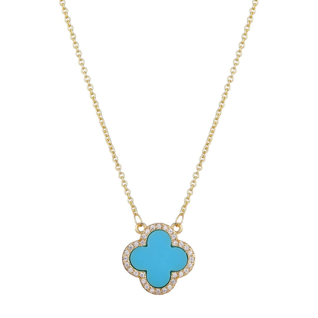 14k Gold Plated Turquoise CZ Halo Clover Necklace – ADORNIA
