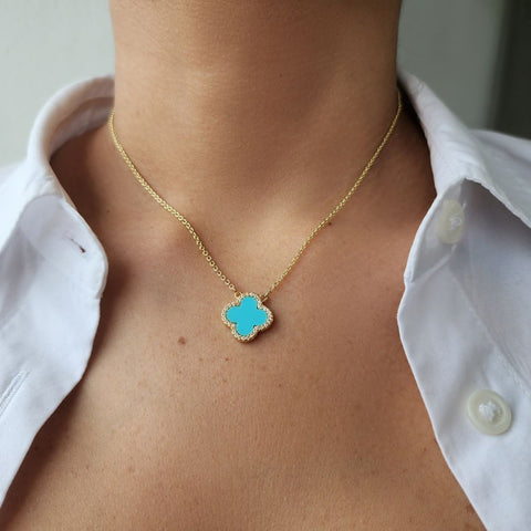 14k Gold Plated Turquoise CZ Halo Clover Necklace