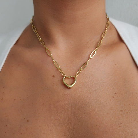 14k Gold Plated Paperclip Chain Outline Heart Necklace