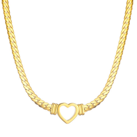 Tarnish Resistant 18k Gold Plated Flat Curb Chain Heart Necklace