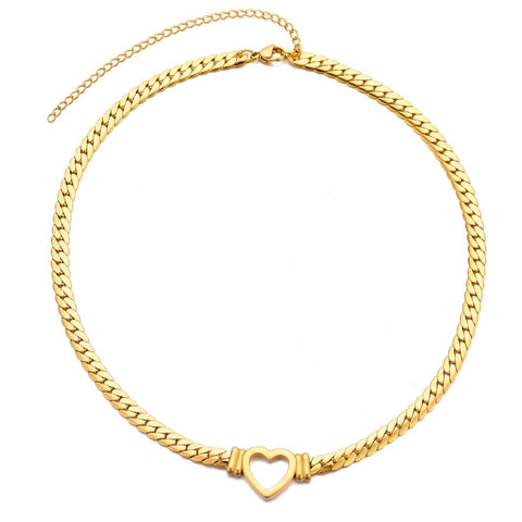 Tarnish Resistant 18k Gold Plated Flat Curb Chain Heart Necklace