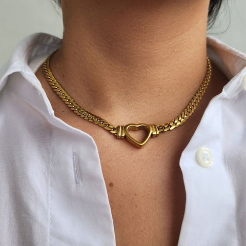 Tarnish Resistant 18k Gold Plated Flat Curb Chain Heart Necklace