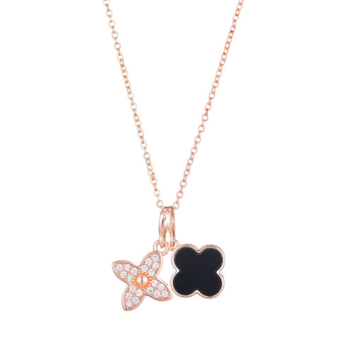 Tarnish Resistant 18k Rose Gold Plated Black Double Clover Necklace