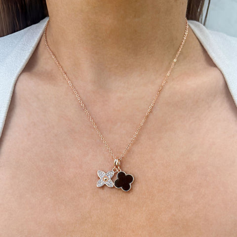 Tarnish Resistant 18k Rose Gold Plated Black Double Clover Necklace