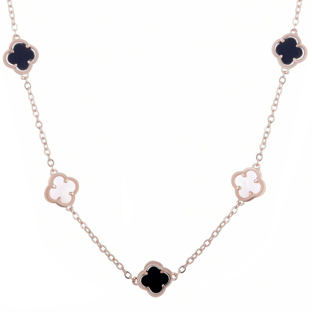 14k Rose Gold Plated Mixed Black and White Clover Station Necklace