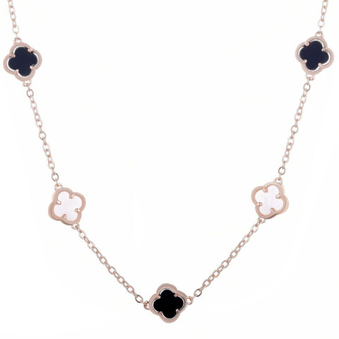 14k Rose Gold Plated Mixed Black and White Clover Station Necklace