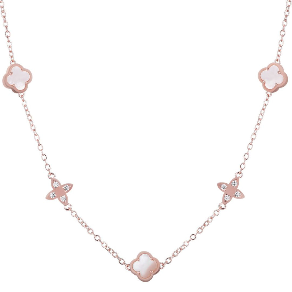14k Rose Gold Plated Mother of Pearl CZ Clover Station Necklace