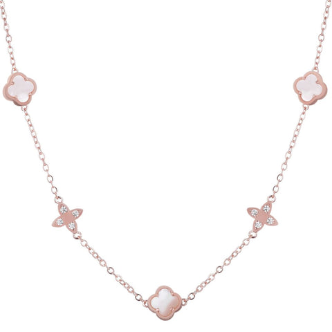 14k Rose Gold Plated Mother of Pearl CZ Clover Station Necklace