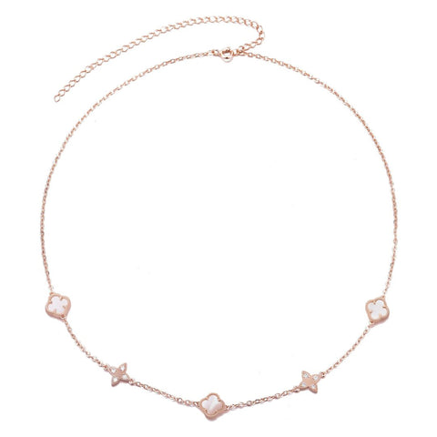 14k Rose Gold Plated Mother of Pearl CZ Clover Station Necklace