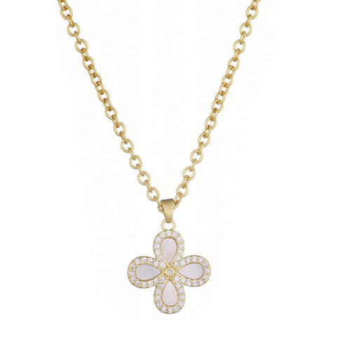 14k Gold Plated Mother of Pearl Flower CZ Halo Necklace