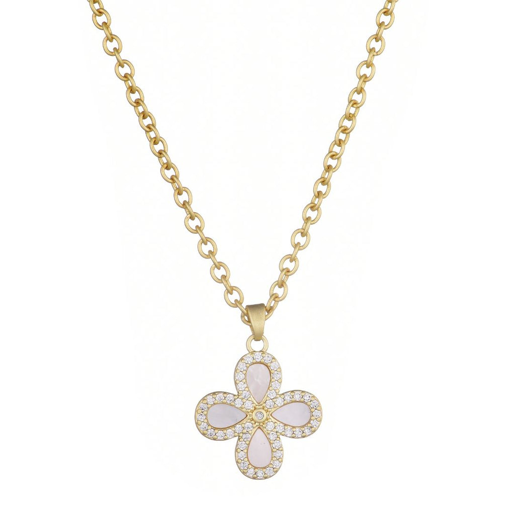 14k Gold Plated Mother of Pearl Flower CZ Halo Necklace