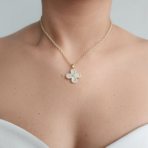 14k Gold Plated Mother of Pearl Flower CZ Halo Necklace