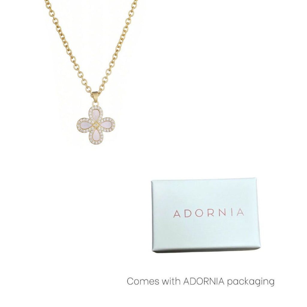 14k Gold Plated Mother of Pearl Flower CZ Halo Necklace