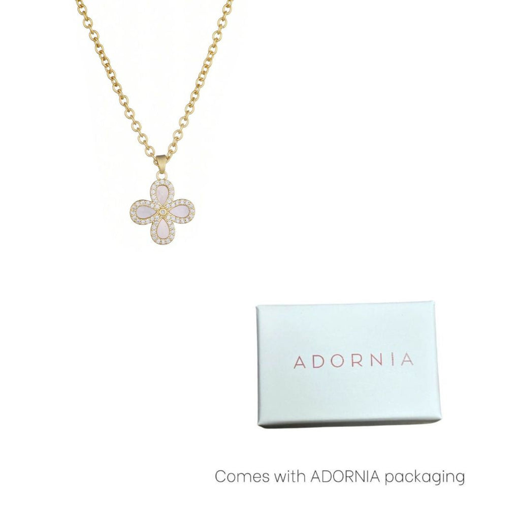 14k Gold Plated Mother of Pearl Flower CZ Halo Necklace