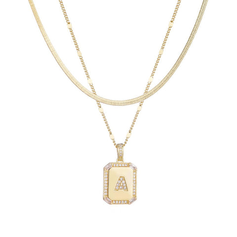 14k Gold Plated Pave Tag Pendant and Herringbone Chain Necklace Set