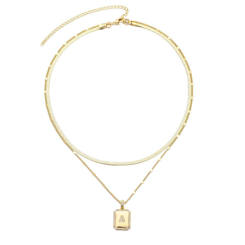 14k Gold Plated Pave Tag Pendant and Herringbone Chain Necklace Set