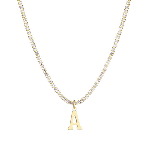 14k Gold Plated Tennis Necklace with Initial Charm