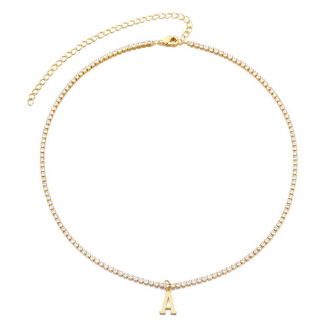 14k Gold Plated Tennis Necklace with Initial Charm