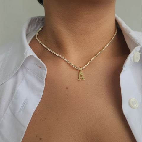 14k Gold Plated Tennis Necklace with Initial Charm