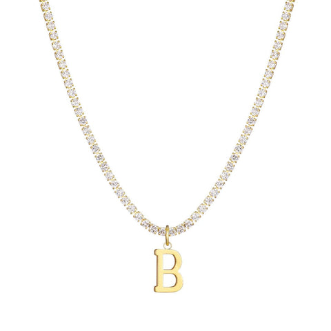 14k Gold Plated Tennis Necklace with Initial Charm