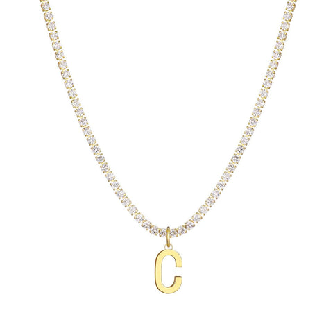 14k Gold Plated Tennis Necklace with Initial Charm