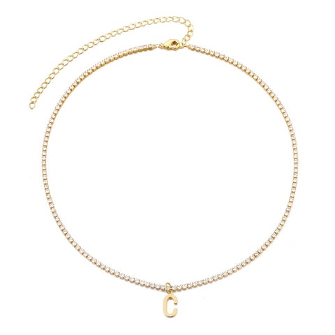 14k Gold Plated Tennis Necklace with Initial Charm
