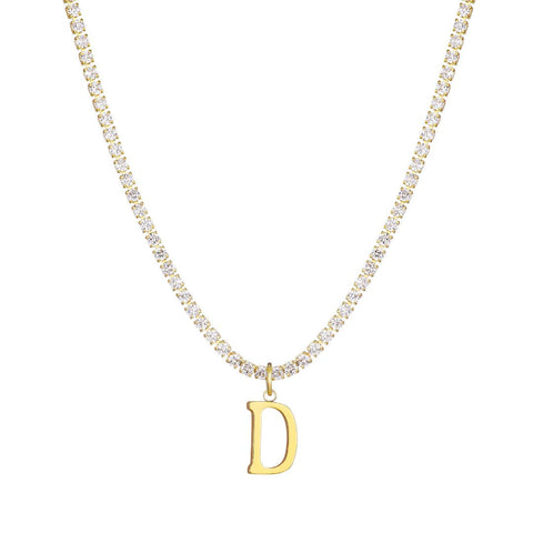 14k Gold Plated Tennis Necklace with Initial Charm
