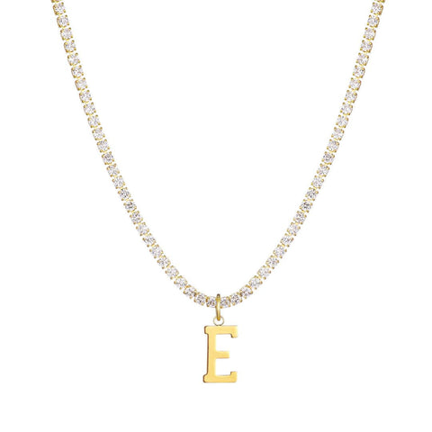 14k Gold Plated Tennis Necklace with Initial Charm