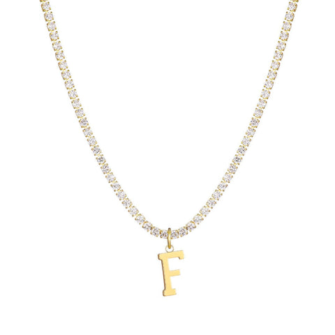 14k Gold Plated Tennis Necklace with Initial Charm