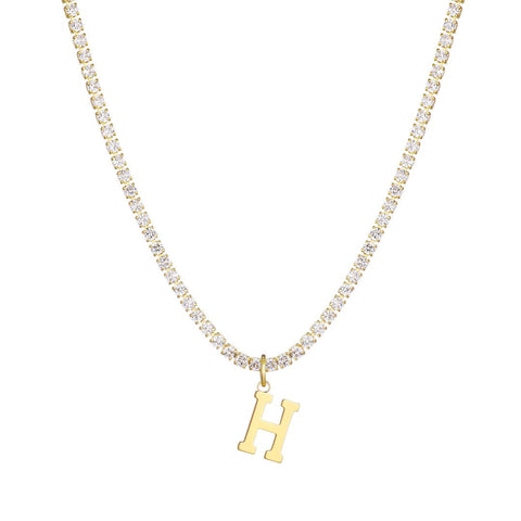 14k Gold Plated Tennis Necklace with Initial Charm